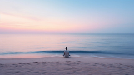 individual meditating at sunrise on a pristine beach, calm sea, pastel sky with first light of dawn, minimalist aesthetic