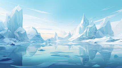 Surrealistic landscape, winter scene with floating icebergs, icy blue and white color scheme, distorted perspective