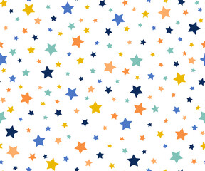 Cute holiday background with colorful stars. Holiday seamless pattern. Ornament for gift wrapping paper, fabric, clothing, textile, surface textures, scrapbook. Vector illustration.