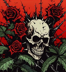 Illustration of skulls and roses and thorns. Great for album covers, t-shirt designs, print graphics, surfing, jackets, patches and more. 