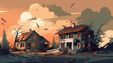 Destroyed houses after tornado catastrophe illustration AI Generated
