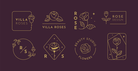 Flower logo. Minimal outline rose, beauty hand tattoo, line simple emblem or logotype template. Magic stars, spa symbol. Minimalistic linear floral set. Vector illustration isolated icons