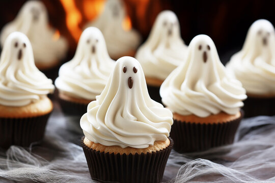 Handmade halloween ghost cupcakes on the table