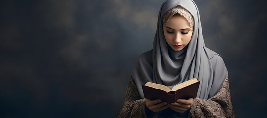 Asian Muslim woman in hijab reading Quran book