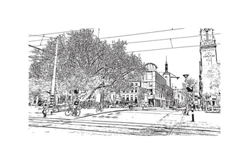 Fototapeta premium Building view with landmark of Rotterdam is the city in the Netherlands. Hand drawn sketch illustration in vector.