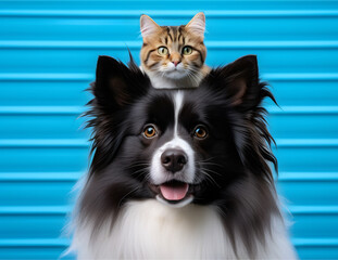 Portrait of a cute cat on the adorable pet dog. Concept of national pet day.