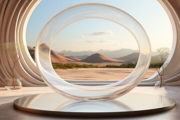 A circular glass sculpture in a desert setting. Digital image.
