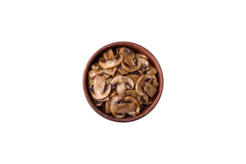 Fried or stewed champignon mushrooms in the form of slices with onions