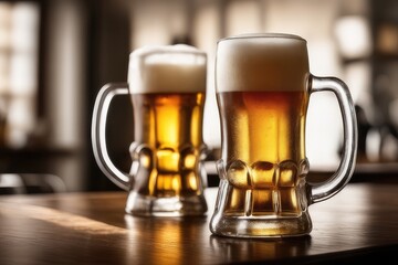 two glasses of beers on wooden table