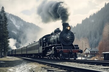 Fototapeta na wymiar A black train traveling down train tracks next to a forest. Digital image.