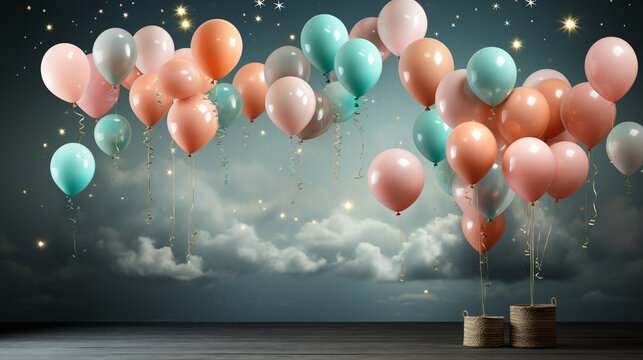 balloons party pastel colors floating above the clouds orange blue pink sky background