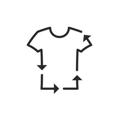 T-shirt recycling black line icon. Reuse clothes symbol. Vector Illustration sticker isolated on white background.