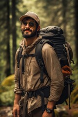 person with a heavy backpack and hiking boots looking