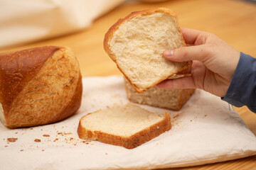 slices of bread being touch and hold for a person 