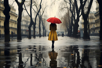 girl in yellow with red umbrella walking through the rainy streets of london - Powered by Adobe