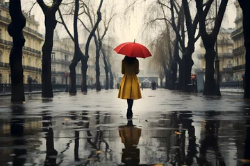 Fotobehang girl in yellow with red umbrella walking through the rainy streets of london © Sergi