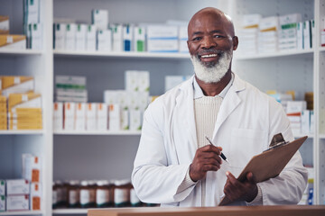 Pharmacy portrait, clipboard and mature black man writing notes of hospital product, healthcare...