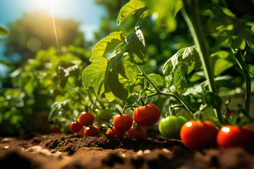 Tomatoes Thriving on a Farm - Immerse yourself in the vivid hues of nature's bounty as sun-kissed tomatoes flourish on a thriving farm.