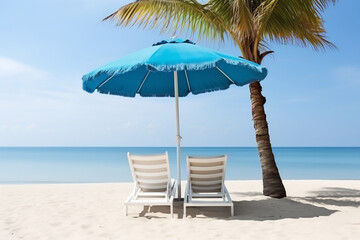 Beach chairs umbrellas and coconut trees