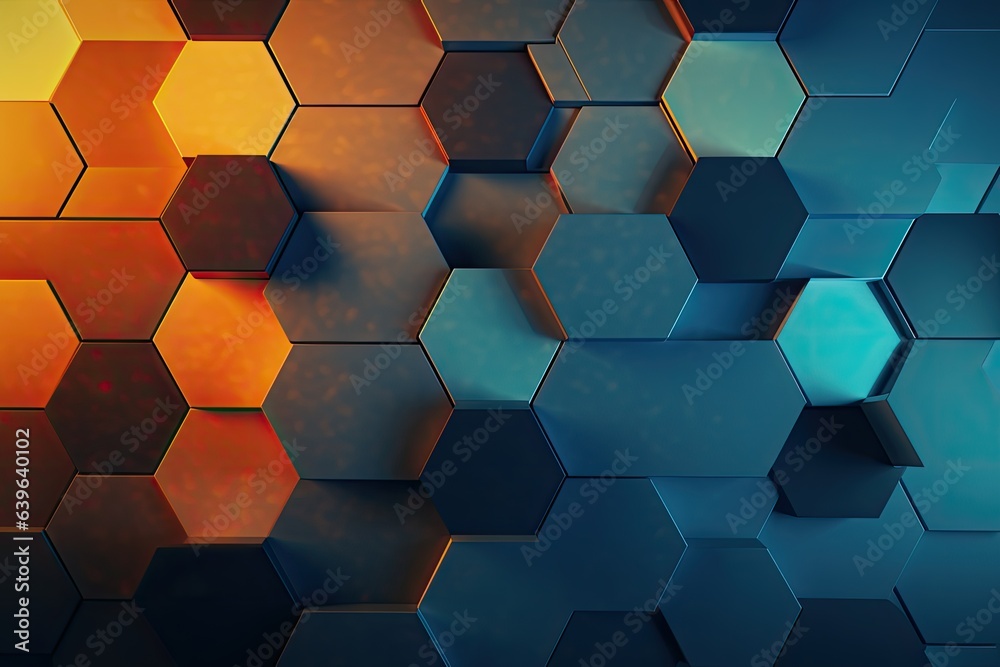 Poster 3d rendering of abstract background with hexagons in blue and orange, abstract background with hexag