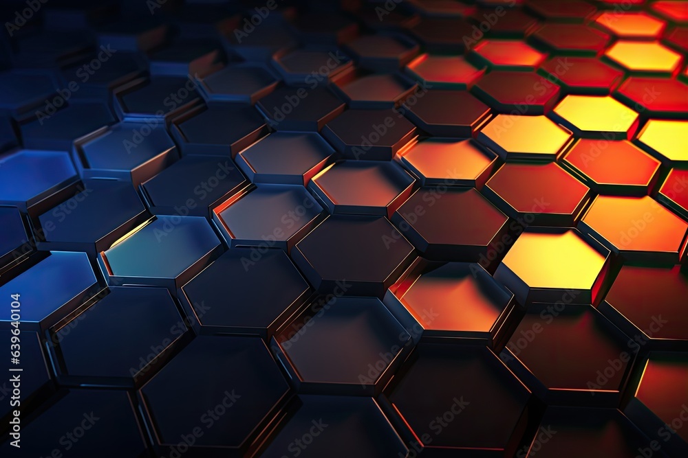 Poster 3d rendering of abstract metallic hexagonal background with glowing light effects, abstract backgrou