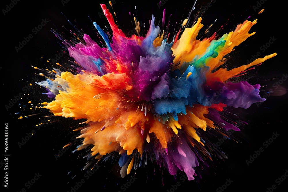 Poster Colorful paint explosion isolated on black background. Colorful abstract background, Abstract colorful explosion on Black background, AI Generated