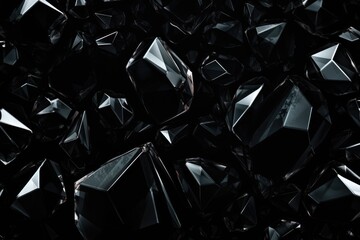 3d rendering of a pile of black diamond shapes on a black background, abstract black crystal...