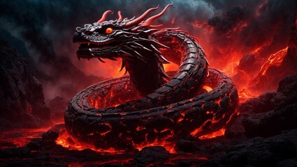 A giant Orochi serpent, its body writhing and twisting in the air. Japanese mythology. Japanese dragon/serpent.