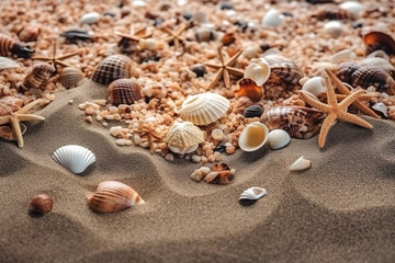 Fototapeta na wymiar Photorealistic generated image of sea sand with starfishes, seashells and small stones, perspective view. Sea summer holidays concept. Vacation memories.