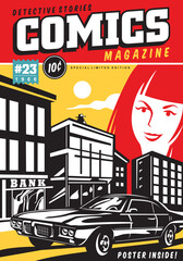 Comic book cover design template with girl portrait and car drawing on city streets. Vector idea for detective magazine book cover layout. Comic style vector illustration.