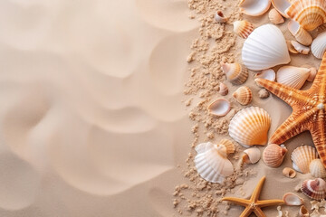 Seashells and starfishes on beach sand at right side, copy space for text on left side, top view. Sea summer holidays background, vacation memories.