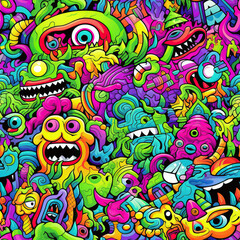 Fototapeta na wymiar Trippy doodles colorful repeat pattern