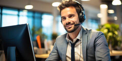 Young Call Center Worker Helping Customer with Headset, Office