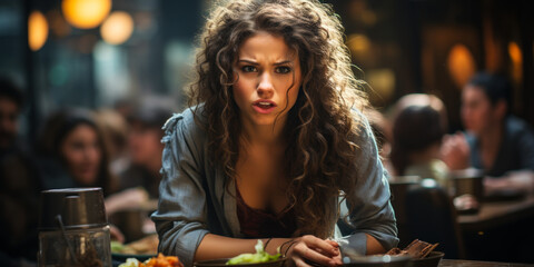 Young lady makes an angry face like she's starving and demanding food, while sitting at a restaurant table, hangry concept