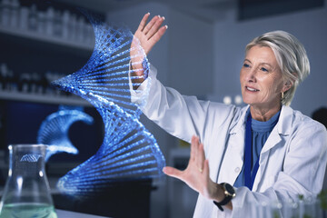 Woman, dna hologram and lab analysis, study or innovation with futuristic medical research with ux....