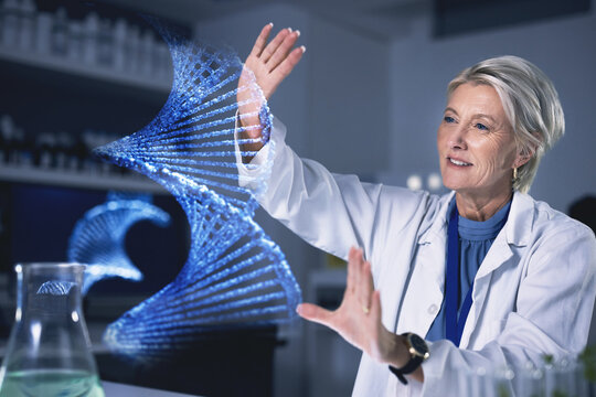 Woman, dna hologram and lab analysis, study or innovation with futuristic medical research with ux. Senior scientist, laboratory and 3D holographic overlay for digital transformation, hands or vision - Powered by Adobe