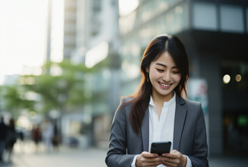 スマートフォンを見て笑っているアジア人ビジネスウーマン