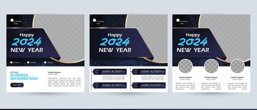 2024 Happy New Year Abstract Invitation Template In Blue Black Gold Glitter Colors For Instagram Social Media Post Flyer Brochure Coupon Ad With Text And Copy Space Layout. Vector Graphic Background