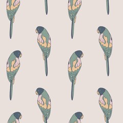 Seamless pattern with cute wavy parrot (parakeet) illustration.