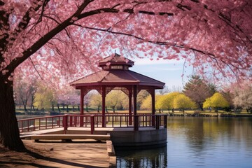 Illustration of a Beautiful Gazebo in a Serene and Peaceful Cherry Blossom Park. Generative AI.