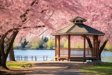 Illustration of a Beautiful Gazebo in a Serene and Peaceful Cherry Blossom Park. Generative AI.