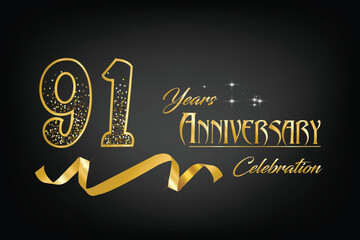 Celebrate the 91th anniversary with gold letters, gold ribbons and confetti on a dark background