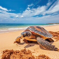 Turtle on a sandy beach against the background of the sea
