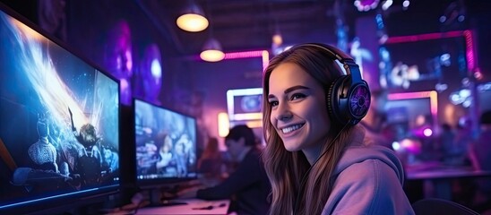 Caucasian Female Gamer Backdrop Attractive Generative AI