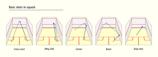basic shots in squash. scheme of squash court with arrows indicating direction of ball during game