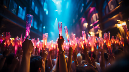Idol fans stood excitedly at the concert site, holding fluorescent sticks and cheering,
