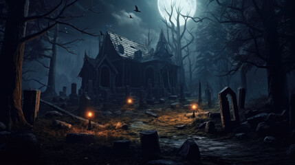 Dark halloween house with moon