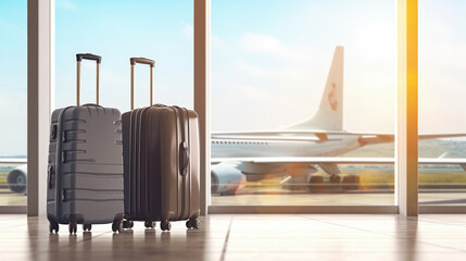 Fototapeta premium Suitcases in airport departure lounge.Window sunlight background. Created with Generative AI technology.