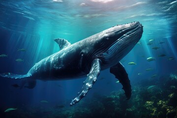 Fototapeta premium A Humpback Whale Plays Near the Surface in Blue Water, AI Generated