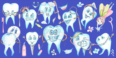 Collection of 26 funny teeth elements. The tooth fairy, teeth and dental care elements are painted with watercolors. You can make postcards, patterns, cards and add to other illustrations on your own